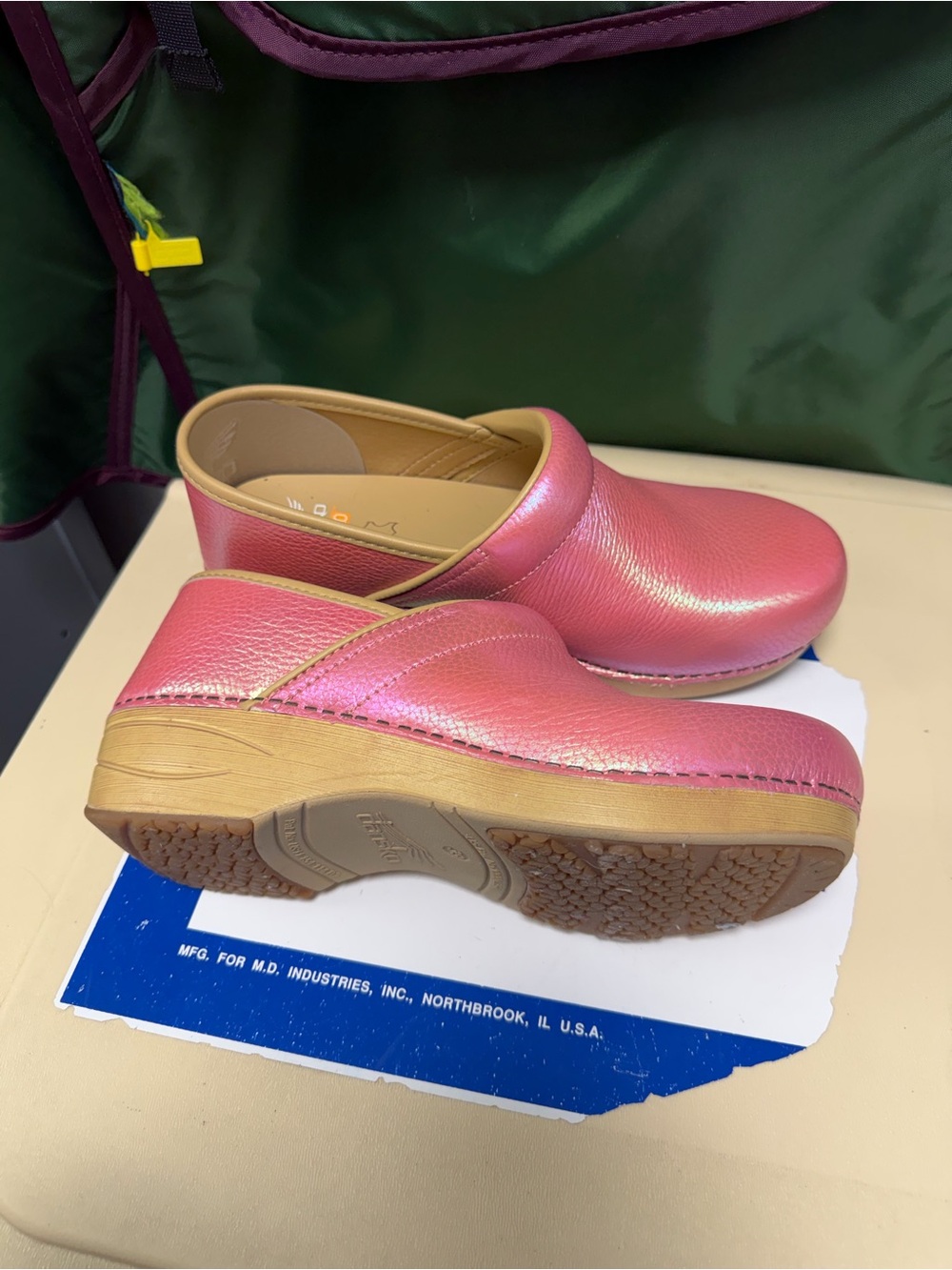 Women’s Pink Leather Clog Mules with Cushioned Wood-Effect Sole